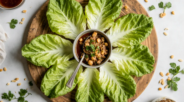 A platter of fresh ingredients for the PF Chang lettuce wrap recipe, including lettuce cups, savory chicken filling, sauce, and crispy noodles.