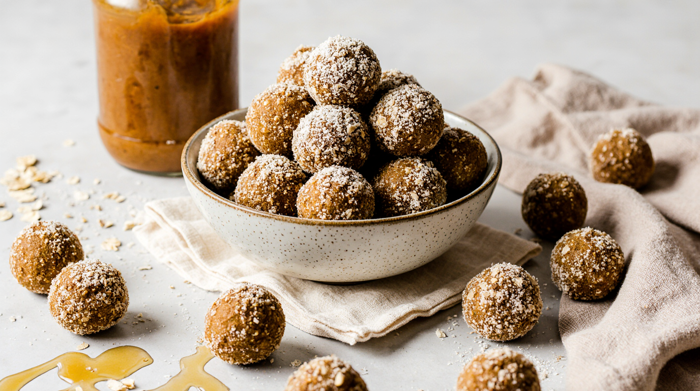 A bowl of delicious no-bake peanut butter protein balls recipe, perfectly rolled and coated in coconut and oats, ready for a healthy snack.