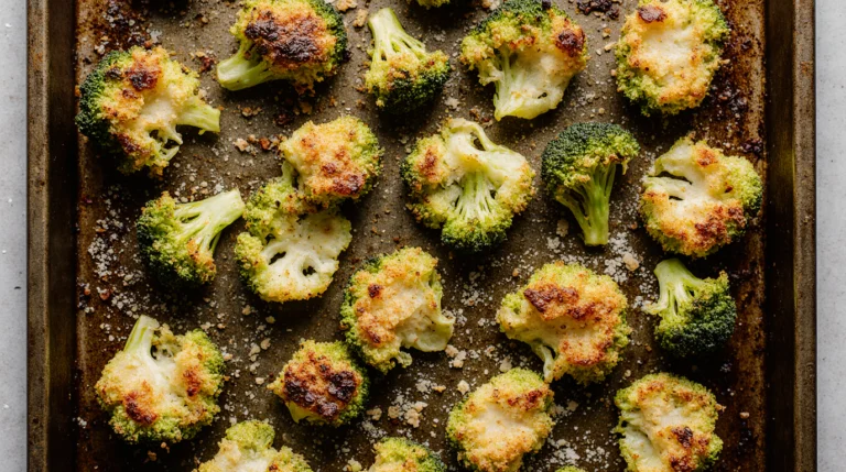 A rustic wooden board holding golden, crispy smashed broccoli recipe results with lacy parmesan cheese edges and a vibrant green interior.