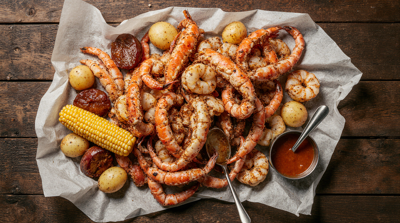 A vibrant, messy crab boil recipe spread on a newspaper-covered table, featuring crab legs, shrimp, corn, potatoes, and sausage drenched in Cajun butter sauce, with seafood tools in the foreground.