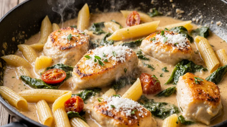 A skillet of creamy Tuscan chicken pasta with penne, seared chicken, spinach, and sun-dried tomatoes in a rich garlic parmesan sauce.