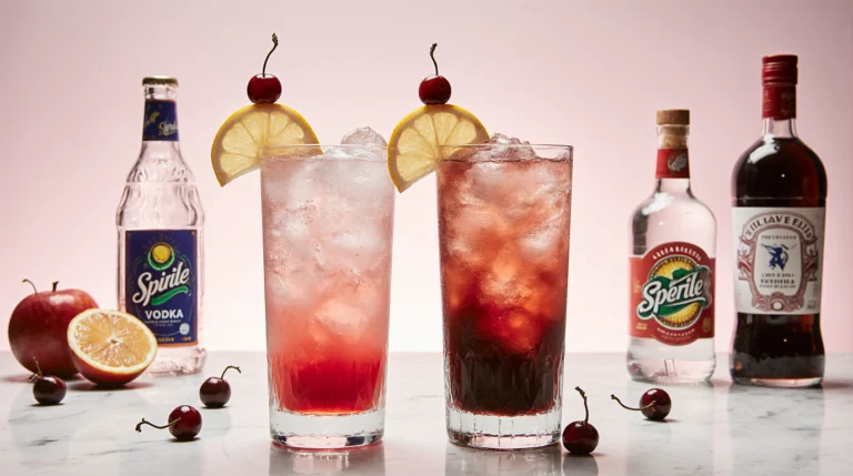 Side-by-side glasses of a classic Shirley Temple mocktail and a Dirty Shirley cocktail, showcasing the perfect shirley temple recipe with grenadine, soda, and cherries.
