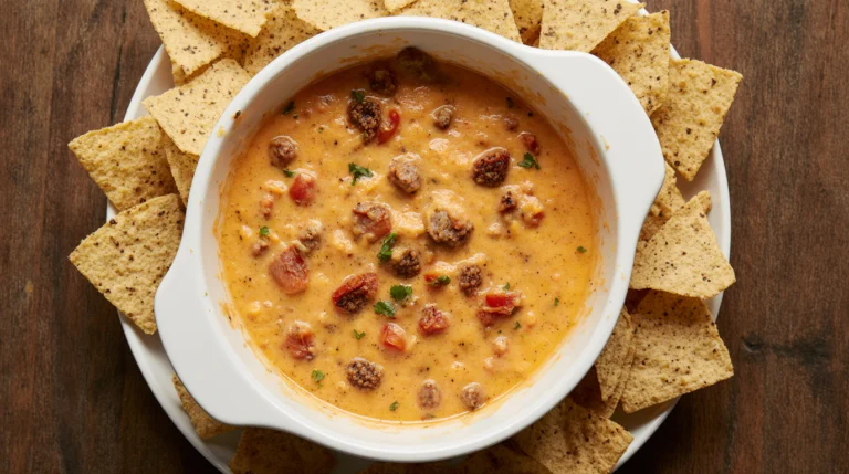 Creamy, golden-orange rotel dip recipe served in a white ceramic bowl, loaded with sausage, diced tomatoes, and green chilies, with tortilla chips ready for dipping.