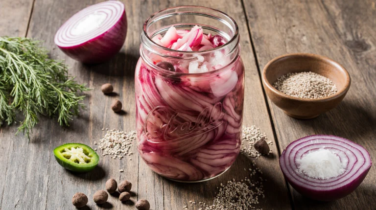 A vibrant jar of bright pink pickled onions recipe with dill and peppercorns, surrounded by fresh ingredients on a rustic table.