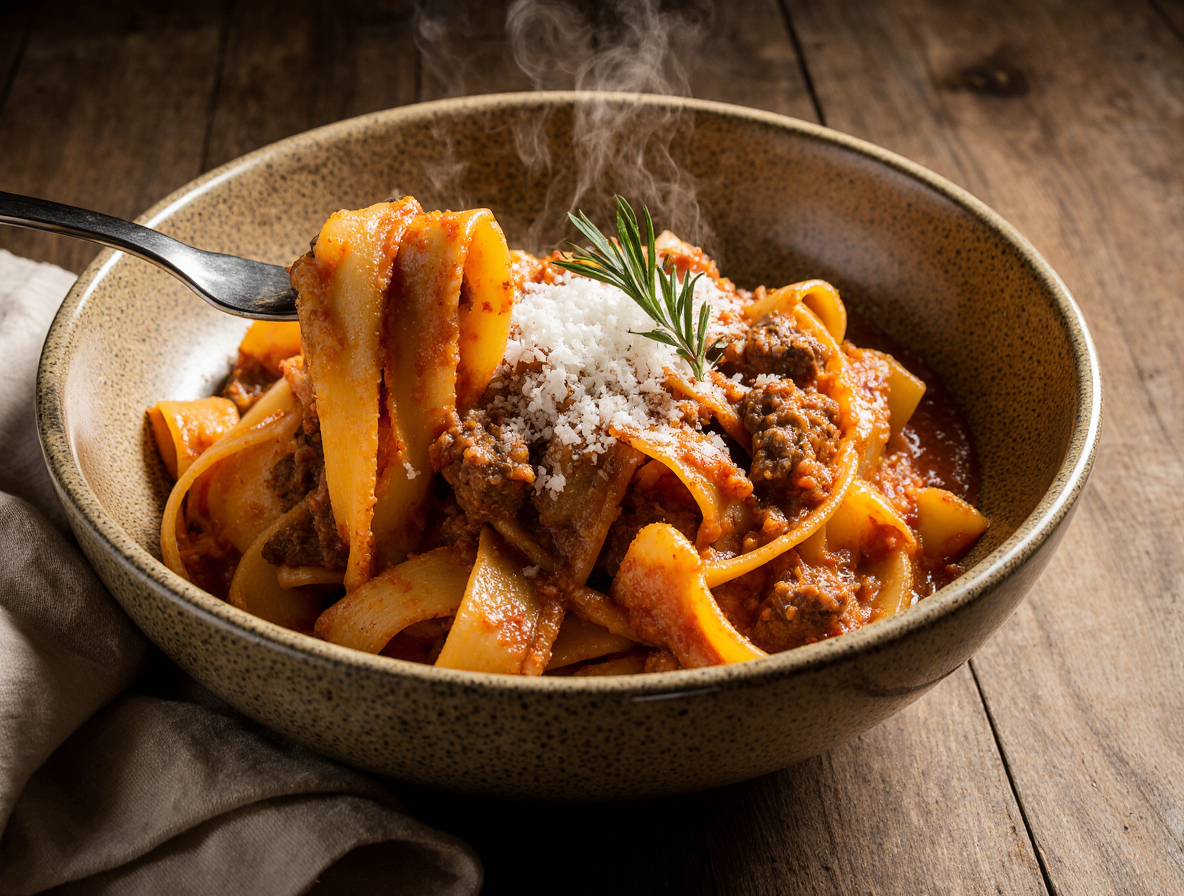 A classic Italian dish of homemade pappardelle bolognese, featuring wide pasta ribbons coated in a rich, slow-simmered beef and pork ragu, topped with parmesan.