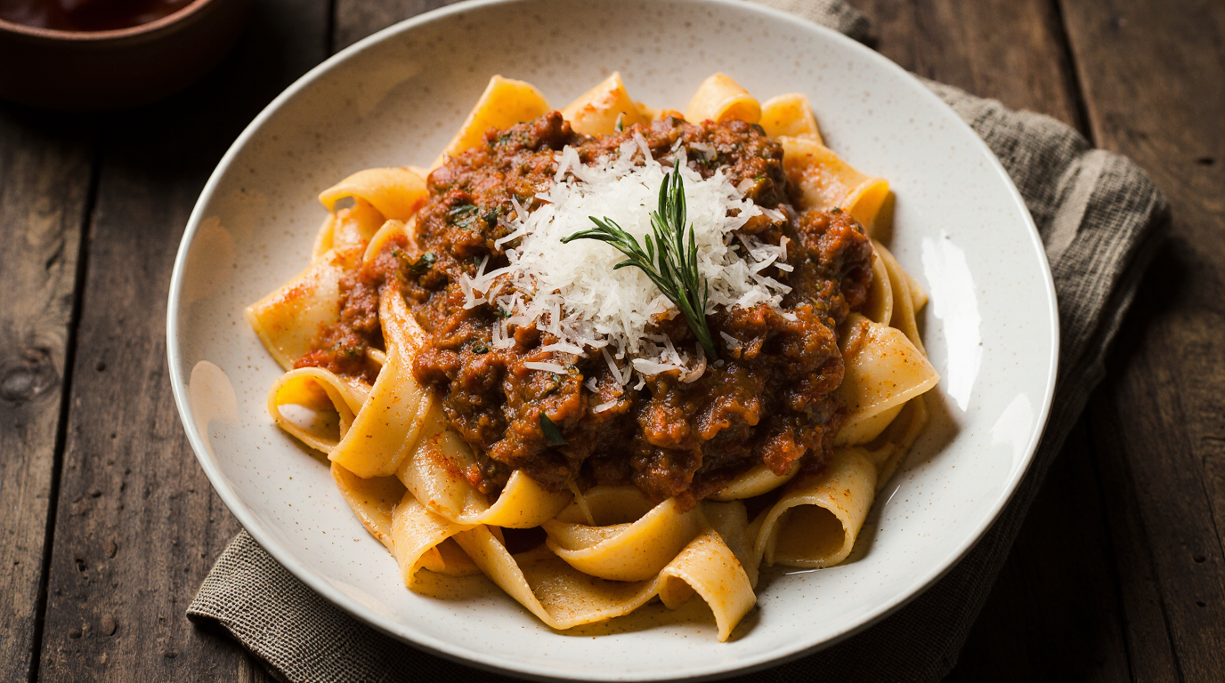 A classic Italian dish of homemade pappardelle bolognese, featuring wide pasta ribbons coated in a rich, slow-simmered beef and pork ragu, topped with parmesan.