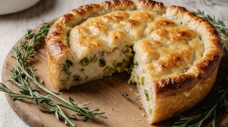 Golden-brown chicken and leek pie with flaky pastry, cut open to show a creamy filling of chicken, leeks, and herbs, served on a rustic wooden board.