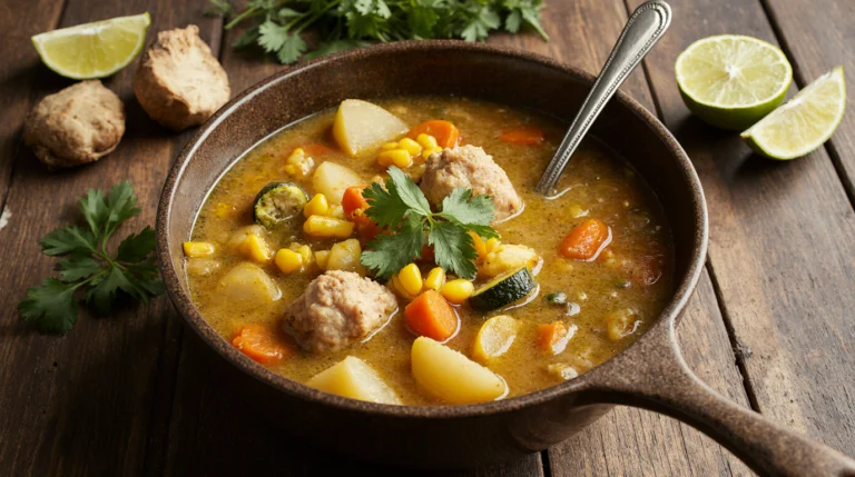 A steaming bowl of authentic, golden Caldo de Pollo recipe with bone-in chicken, corn, carrots, and zucchini, garnished with cilantro.