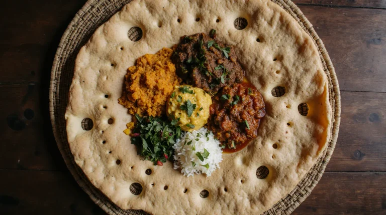 A finished injera recipe shown as a large, spongy flatbread covered with colorful Ethiopian stews like Doro Wat, demonstrating the final communal dining presentation.