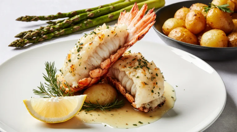 A perfectly cooked, butterflied lobster tail with garlic-herb butter sauce, presented on a white plate with lemon.