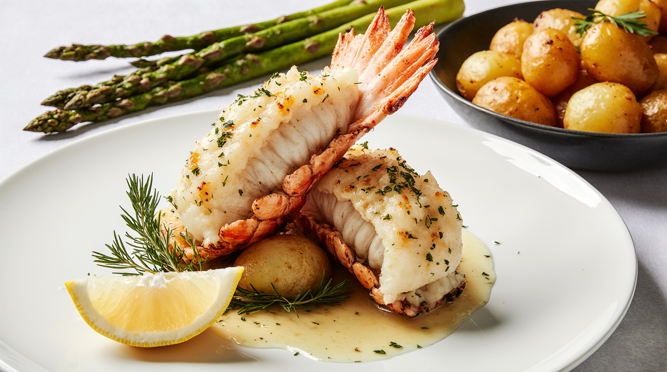 A perfectly cooked, butterflied lobster tail with garlic-herb butter sauce, presented on a white plate with lemon.