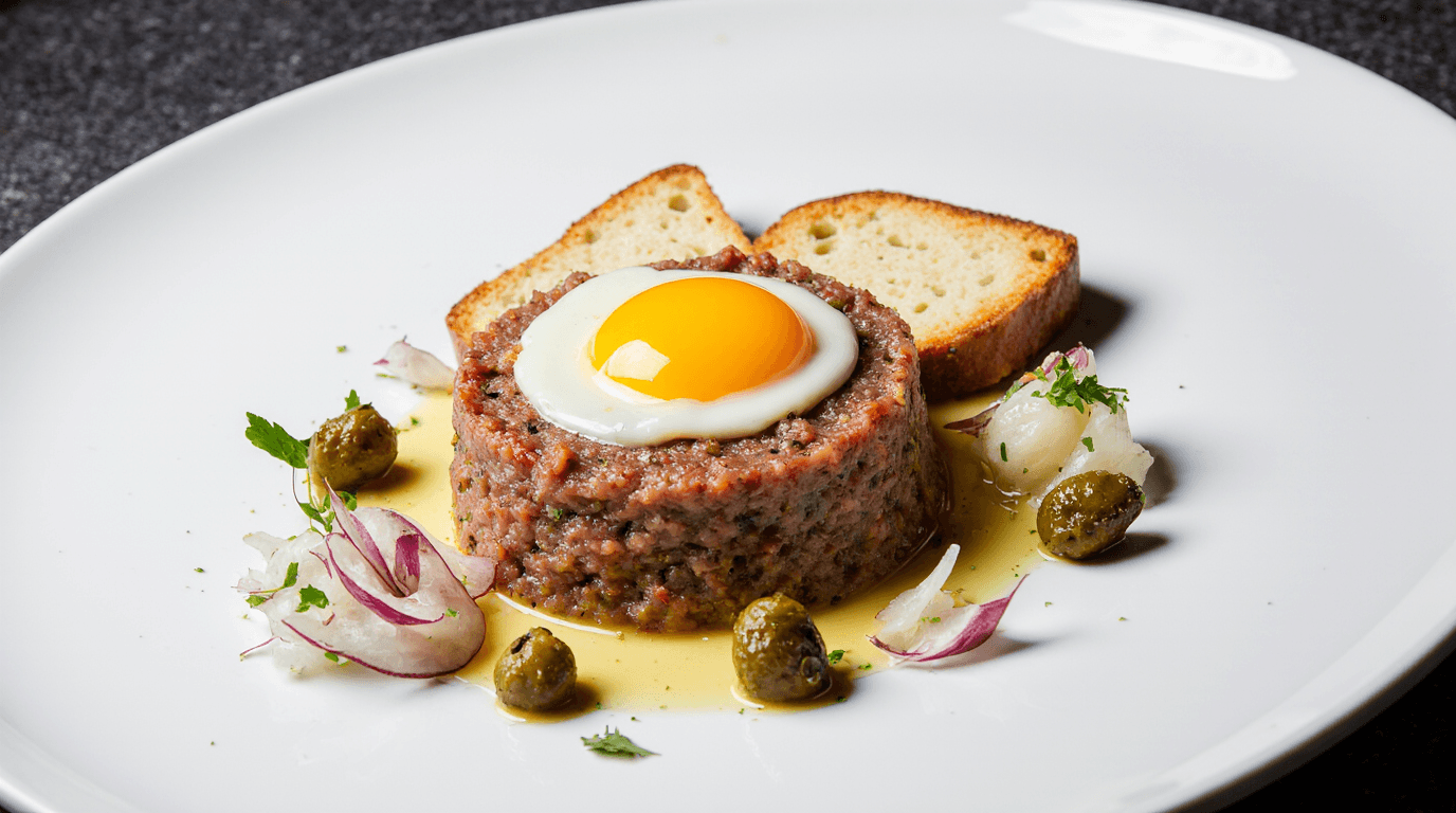A classic, hand-cut steak tartare with a fresh egg yolk, served with traditional garnishes of capers, shallots, and cornichons on a white plate.