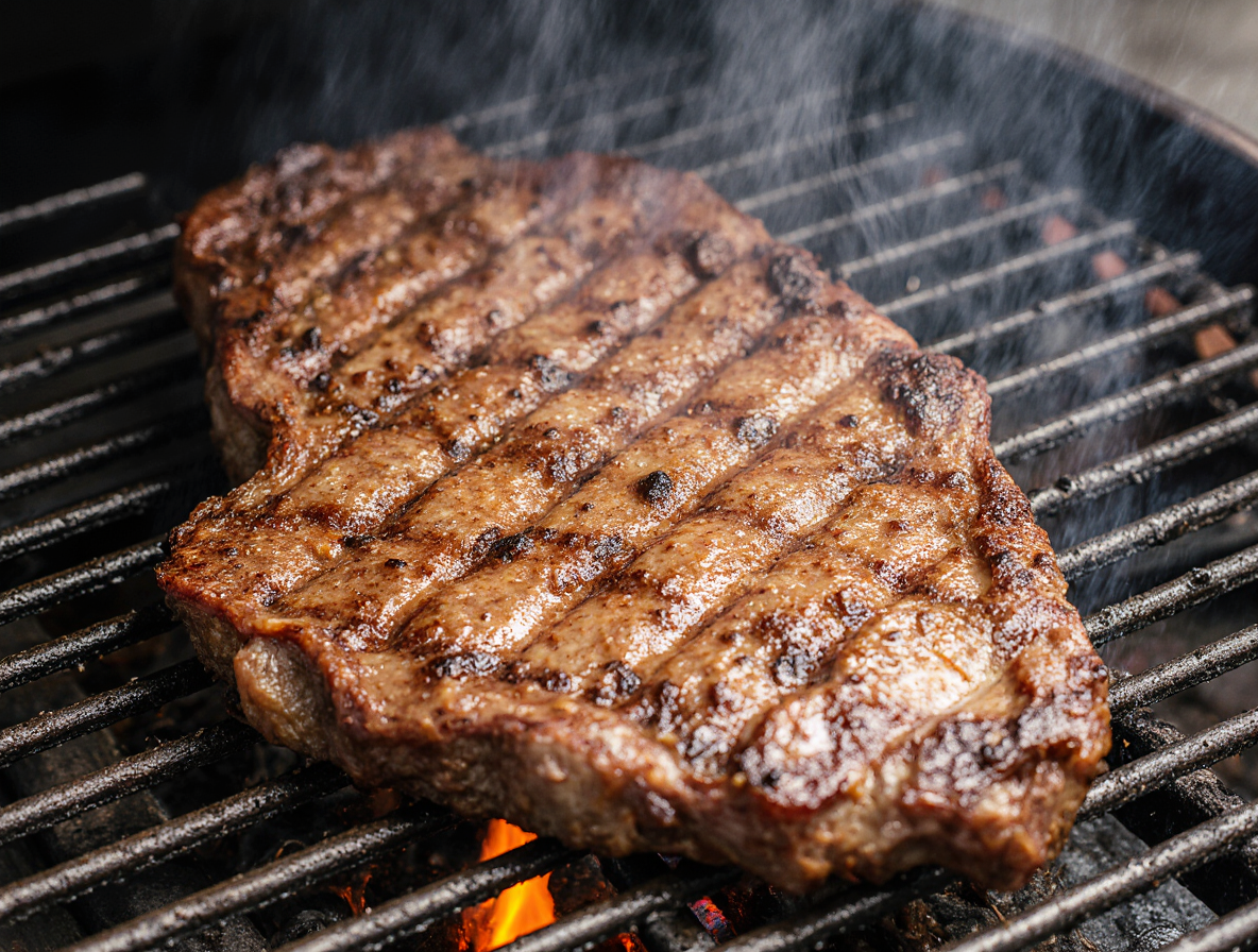 A perfectly grilled flank steak sliced against the grain, showing a juicy pink interior and charred grill marks, served with chimichurri sauce on a wooden board.