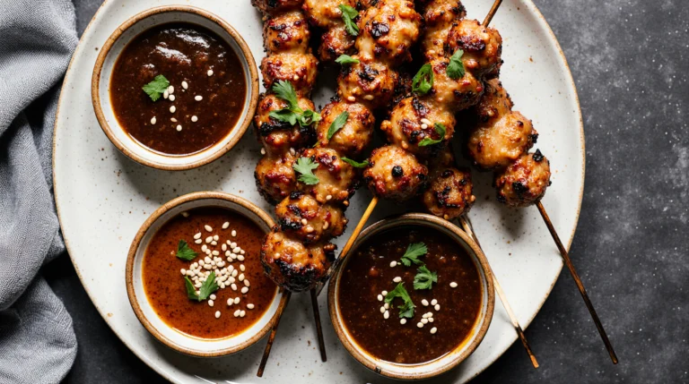Three bowls of homemade and store-bought Japanese BBQ sauce varieties, surrounding a plate of grilled yakitori chicken skewers, showing perfect texture and glaze.