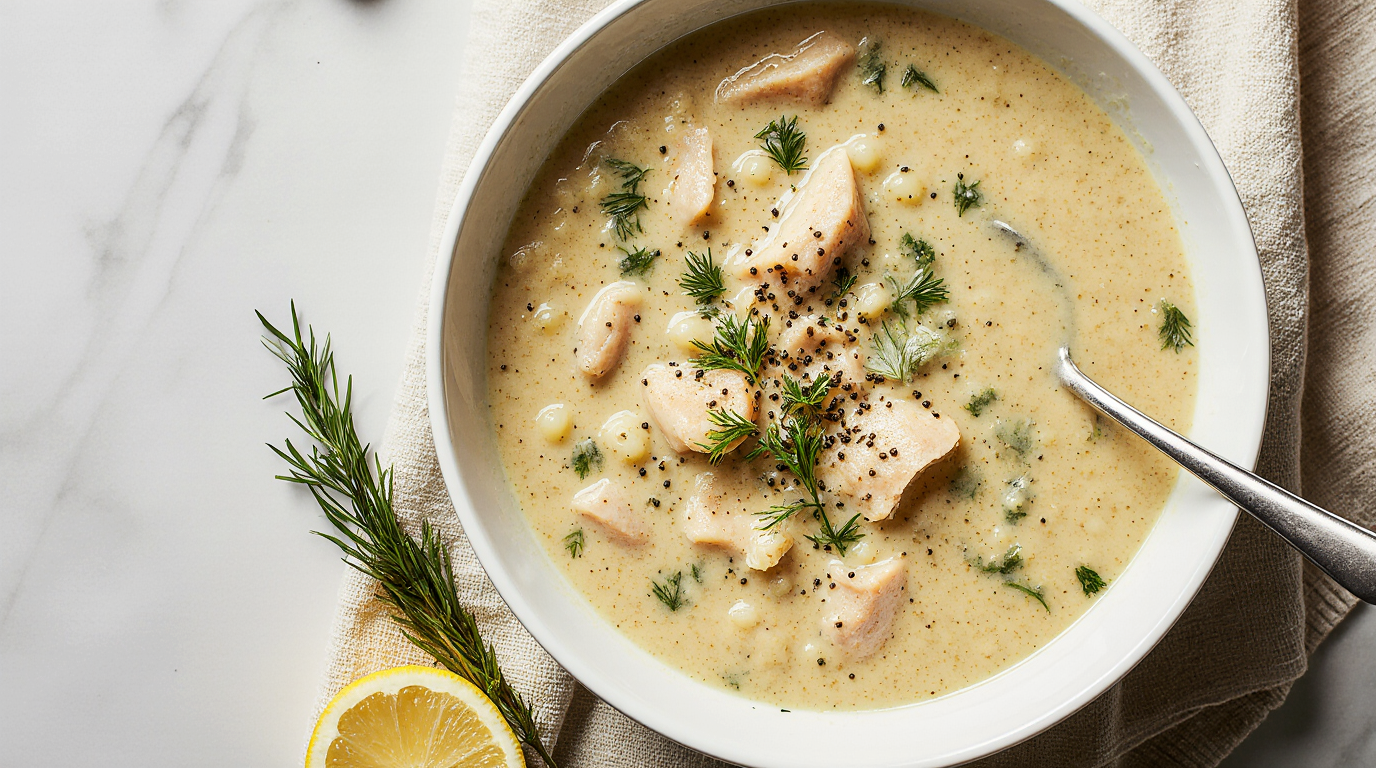 A creamy bowl of authentic Greek Lemon Chicken Soup (Avgolemono) garnished with fresh dill and a lemon wedge.
