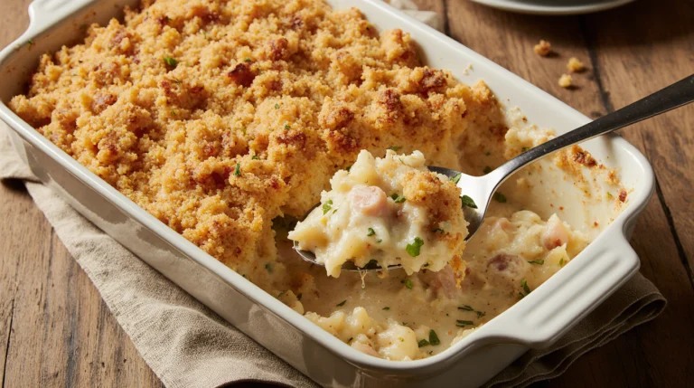A baking dish of finished, golden brown and bubbling tuna mornay fresh from the oven.