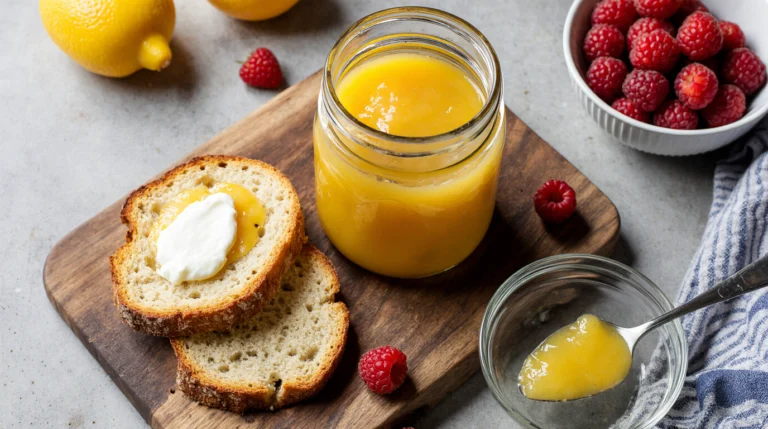 A jar of finished, glossy homemade lemon curd recipe with toast and berries.