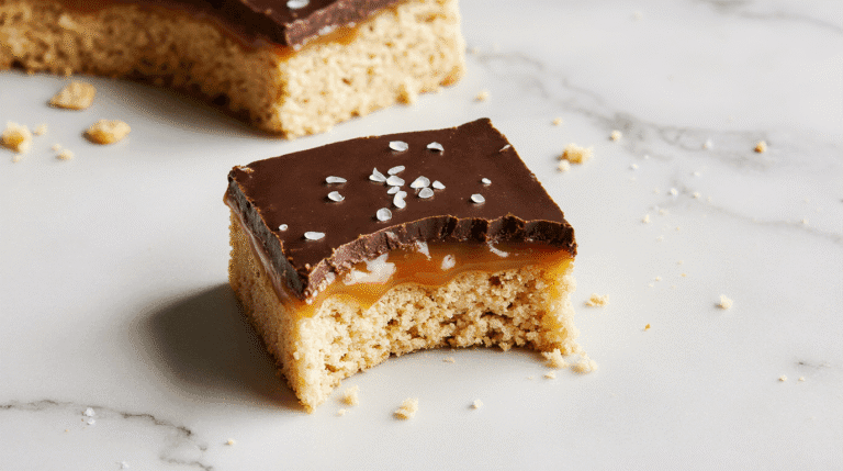 A perfect cross-section of homemade caramel slice, showing its three distinct layers: a buttery biscuit base, a thick golden caramel center, and a glossy dark chocolate topping.