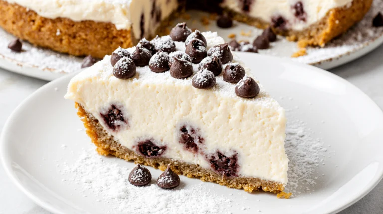 A slice of creamy no-bake cannoli pie on a white plate, featuring a graham cracker crust and a ricotta filling studded with chocolate chips.