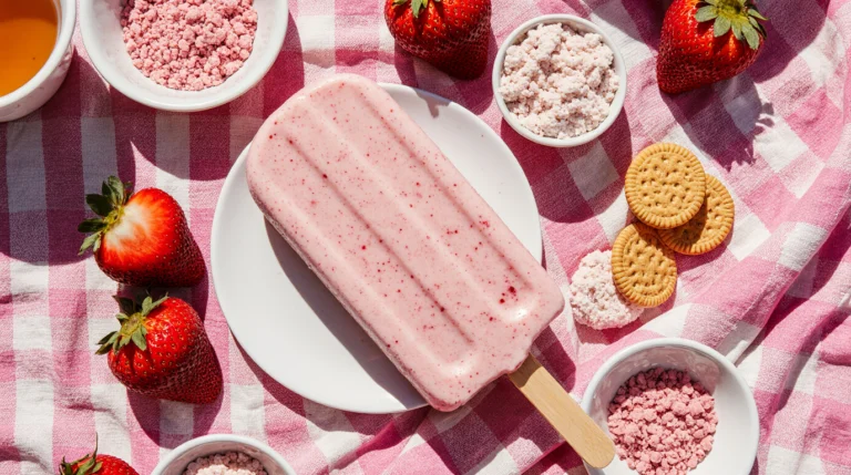 Homemade strawberry shortcake ice cream bars on a vintage checkered blanket, featuring a thick pink strawberry crunch coating on a vanilla and strawberry ice cream bar.