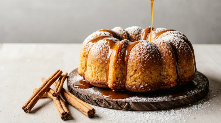 A rustic churro cake heavily coated in cinnamon sugar and drizzled with caramel sauce, served on a wooden board with fresh churros.