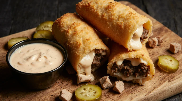 A stack of crispy, golden homemade cheeseburger egg rolls cut open to reveal the cheesy beef filling, served with dipping sauce and toppings.