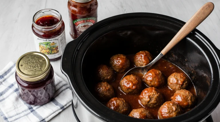 A slow cooker filled with glossy, savory-sweet grape jelly meatballs, showcasing the perfect result of cooking frozen meatballs in crockpot.