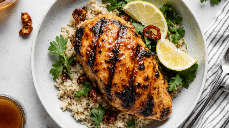 Sticky, grilled chipotle honey chicken recipe served in a bowl with cilantro rice, corn salsa, and key ingredients like honey and lime.