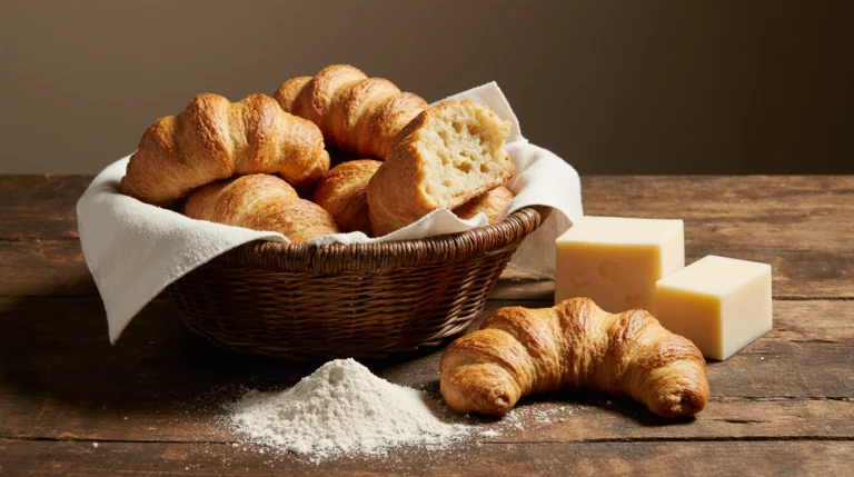 A basket of golden, flaky Swiss Gipfeli (croissants) baked from an authentic gipfeli recipe, shown next to key ingredients like butter and flour.