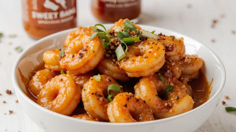 A close-up of crispy, golden shrimp coated in creamy orange bang bang sauce, the final result of the perfect bang bang shrimp recipe.