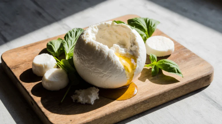 A close-up photo of fresh, creamy stracciatella cheese spilling from a sliced burrata ball on a rustic board.