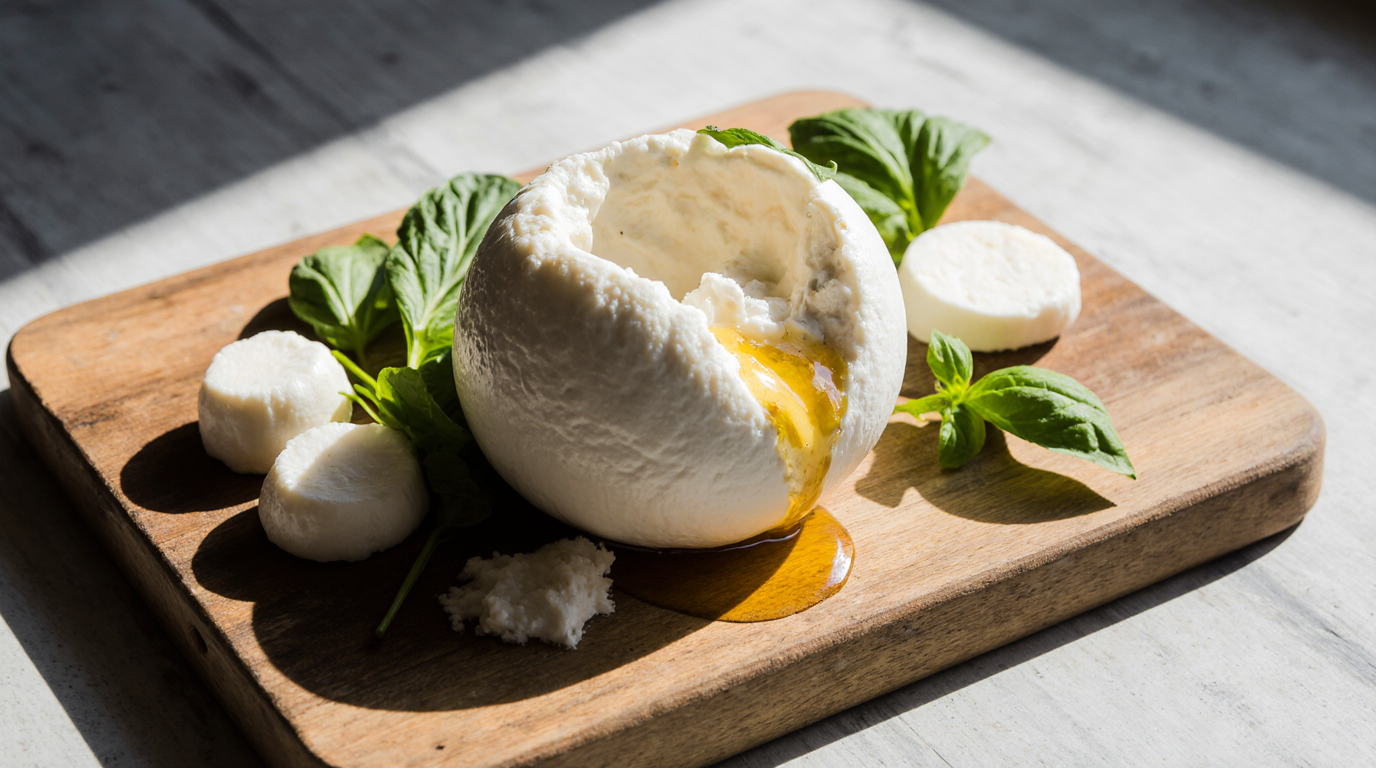 A close-up photo of fresh, creamy stracciatella cheese spilling from a sliced burrata ball on a rustic board.