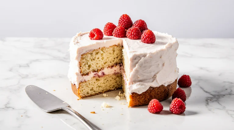 A perfectly frosted layer cake with light, fluffy whipped cream cheese frosting, shown whole and with a slice cut to reveal the layers.