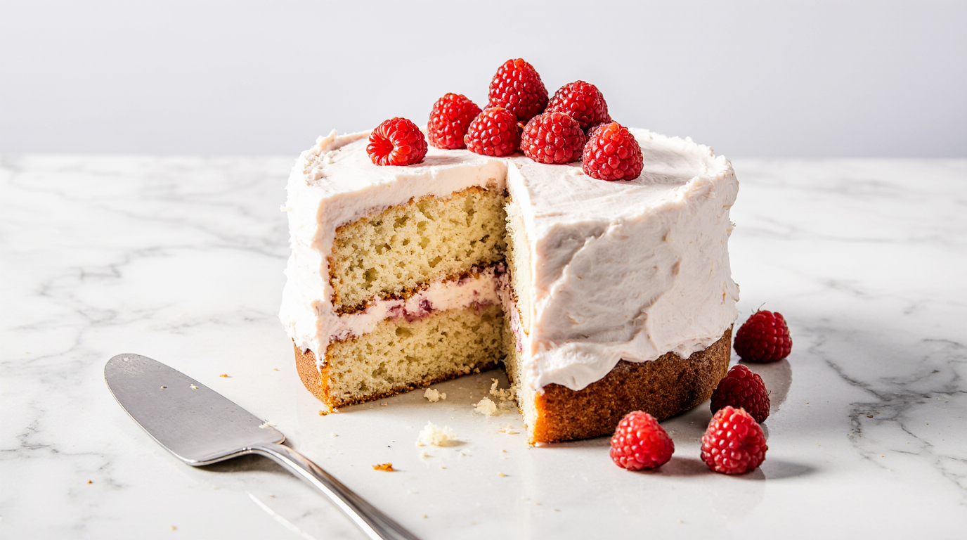 A perfectly frosted layer cake with light, fluffy whipped cream cheese frosting, shown whole and with a slice cut to reveal the layers.