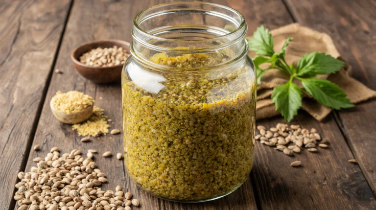 A rustic glass jar filled with homemade whole grain mustard, showing visible mustard seeds, sitting on a wooden table.