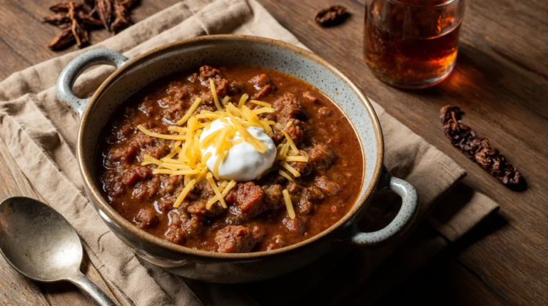 A bowl of classic, hearty chili con carne topped with sour cream and cheese, illustrating a perfect result of como hacer chilli con carne.