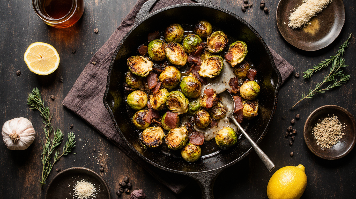 A cast iron skillet filled with a delicious Brussels cabbage recipe featuring crispy honey-balsamic glazed sprouts, bacon, and Parmesan cheese on a rustic table.