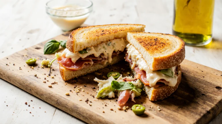 A classic italian grinder sandwich, sliced open to show layers of melted cheese, cured meats, and creamy grinder salad on a wooden board.