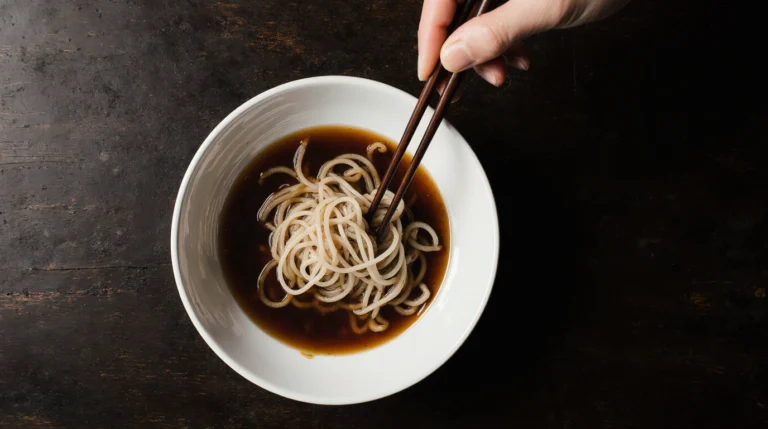 A close-up photo of a bundle of thick noodles being lifted from a bowl of rich broth, illustrating the interactive dipping method of authentic tsukemen.
