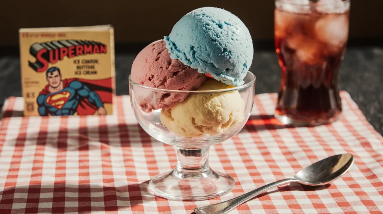 A close-up of classic superman ice cream in a sundae bowl, showing the iconic blue, red, and yellow stripes, with vintage decor in the background.