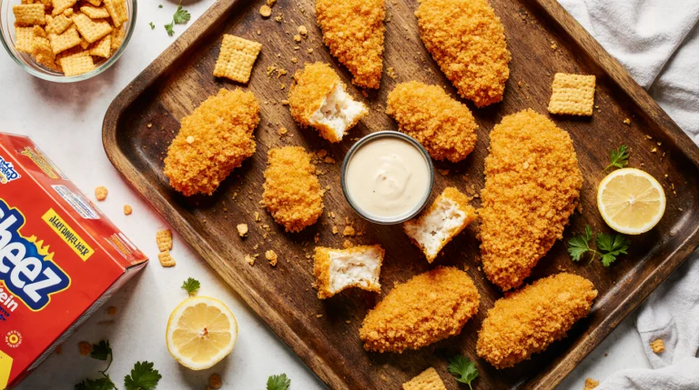 Crispy, golden chicken cheez tenders with a crushed Cheez-It crust, served with dipping sauce on a wooden board.
