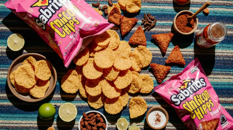 A vibrant flat-lay of popular mexican chips, including Sabritas, Takis, chicharrones, and lime tortilla chips, with limes and chili peppers.
