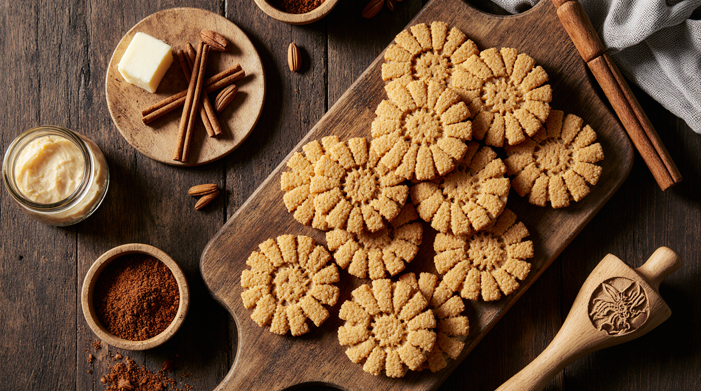 A rustic arrangement of freshly baked, golden-brown windmill cookies (speculoos) with a wooden mold, spices, and ingredients on a wooden board.