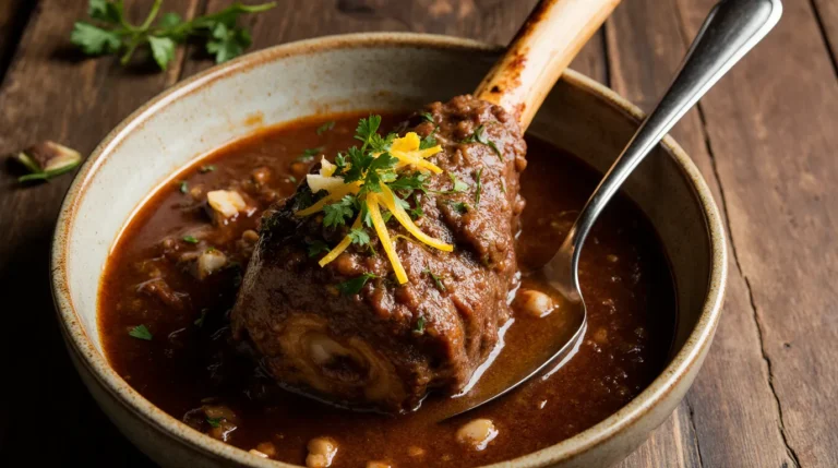 The final, perfect bucco osso recipe: a tender, braised veal shank in rich sauce with gremolata, served in a rustic bowl, ready to eat.