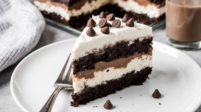 Perfect slice of chocolate lasagna recipe showing four distinct layers: Oreo crust, cream cheese, chocolate pudding, and whipped topping with chocolate chips.