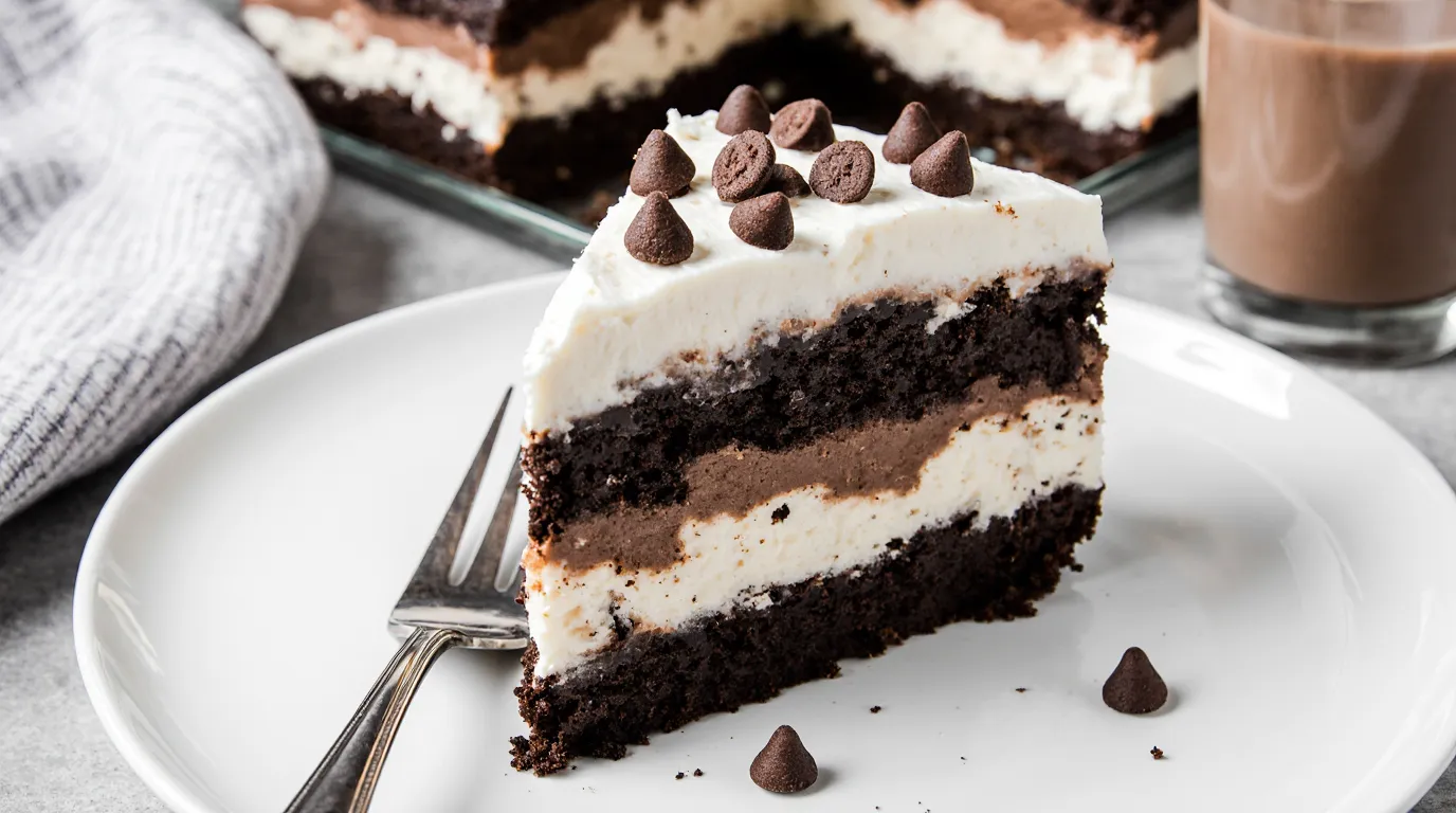 Perfect slice of chocolate lasagna recipe showing four distinct layers: Oreo crust, cream cheese, chocolate pudding, and whipped topping with chocolate chips.