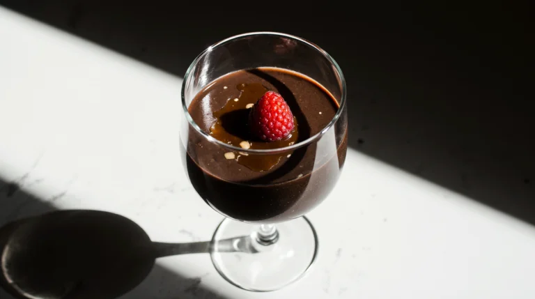 A glass of dark, glossy chocolate panna cotta, garnished with a fresh raspberry and a drizzle of caramel sauce.