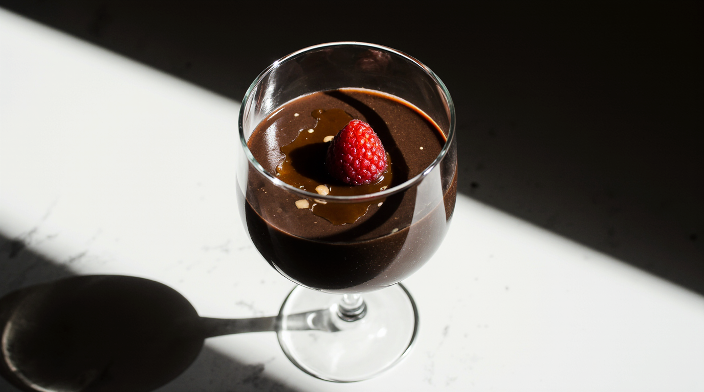 A glass of dark, glossy chocolate panna cotta, garnished with a fresh raspberry and a drizzle of caramel sauce.