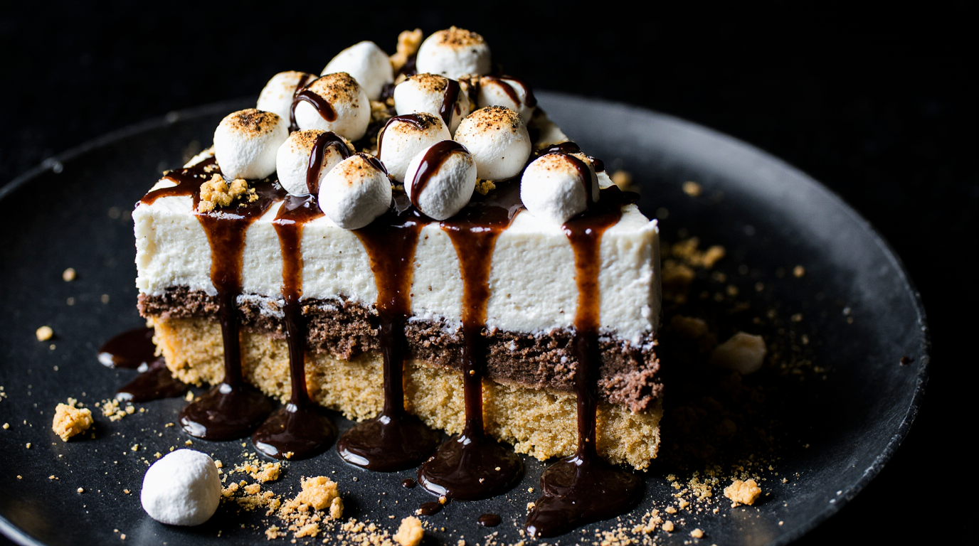 A detailed close-up of a slice of decadent smores cake, showcasing its perfect layers of graham crackers, chocolate ganache, and toasted marshmallow topping.
