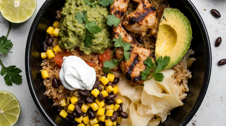 A vibrant homemade chipotle bowl recipe with layers of cilantro rice, adobo chicken, beans, veggies, corn salsa, and melted cheese.